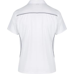 A white men's polo shirt featuring a simple design with contrasting piping and a logo.