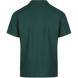 A green polo shirt with a classic collar and short sleeves, featuring a branding logo.