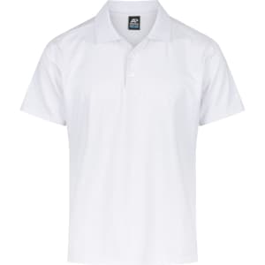 A white polo shirt featuring a collar and three buttons, with a logo on the label.