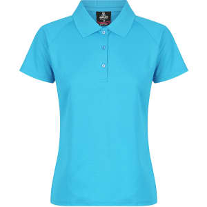 A bright blue polo shirt with a collar and short sleeves. It features a front placket with buttons and has a logo.