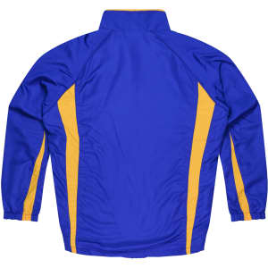 A blue tracktop with yellow side stripes, featuring a stand-up collar and elasticised cuffs.