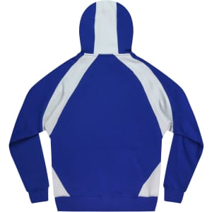 A blue and light grey hoodie with a large hood and contrasting panels on the back. It features a logo.