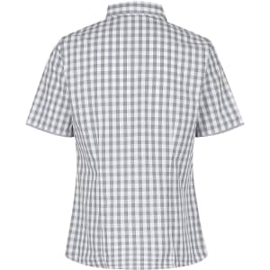 A short-sleeved button-up shirt featuring a grey and white check pattern and a collar. It has a logo.