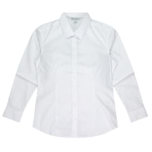 A long sleeve button-up shirt in white, featuring a collar and a branded logo.