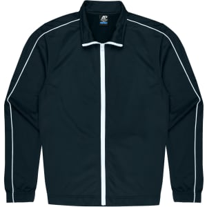 A black kids' jacket with white piping, featuring a full zip and a collar. It has a logo on the inside.