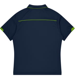 A navy polo shirt with green accents and a logo on the back, designed for sports uniforms.