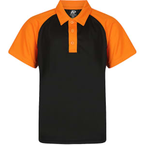 A black polo shirt with orange sleeves and a three-button placket. It features a logo on the interior label.