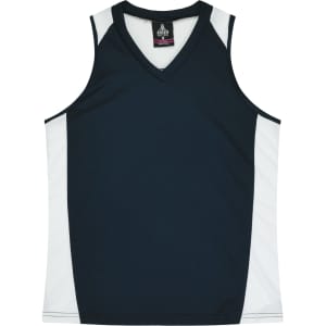 A dark navy singlet with white side panels and a V-neck design. It features a logo.