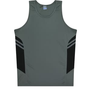 A grey singlet with black side panels and stripes, featuring a branding logo.