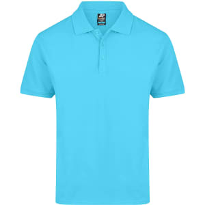 A turquoise polo shirt with a collar, featuring three buttons and a branding label.