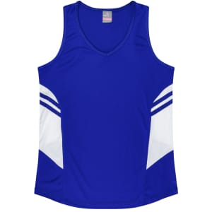 A blue singlet featuring white panels and stripes, with a logo on the garment.