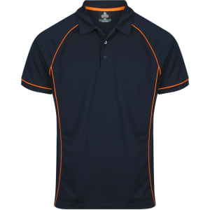 A navy polo shirt with orange accents and a collar. It features a logo on the upper side.