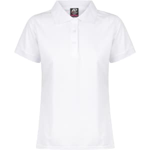 A white polo shirt with a collared neckline and short sleeves, featuring a logo on the label.