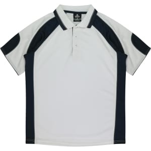 A polo shirt in white with navy blue accents and a logo on the collar.