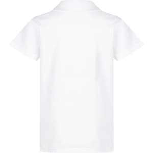 A white polo shirt for kids with short sleeves and a collar, featuring a logo on the back.