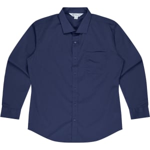 A navy long-sleeve button-up shirt featuring a single chest pocket and a logo.