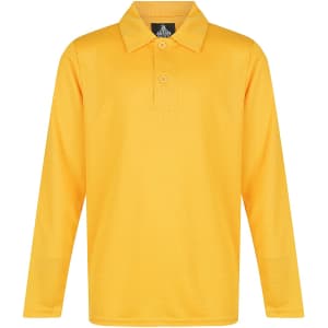 A long-sleeved polo shirt in bright yellow, featuring a collar and button placket, with a logo on the label.