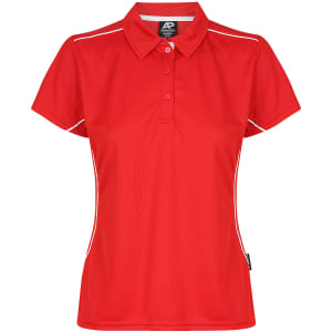 A red polo shirt with a collar, short sleeves, and white trim, featuring a logo on the upper area.