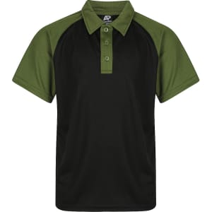A polo shirt featuring a black body with green raglan sleeves and a buttoned collar. It has a logo on the chest.