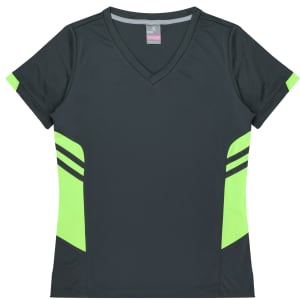 A dark green women's t-shirt featuring neon green accents and a v-neck design. It has a logo on the label.