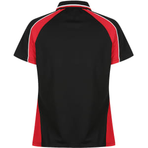 A black and red polo shirt with a sporty design and contrasting white piping, featuring a logo.