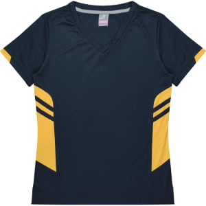 A navy blue and yellow women's t-shirt with a V-neck and striped design on the sides. It features a logo.