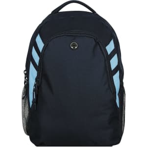 A black backpack with light blue stripes, featuring side mesh pockets and a logo on the front.