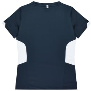 A dark navy T-shirt featuring white side panels and a simple design. It has a branding logo on the back.
