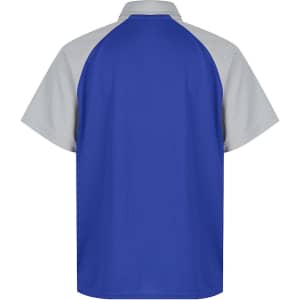 A polo shirt featuring a blue body with light grey sleeves, designed for kids. Includes a logo on the back.