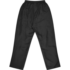 Black track pants with an elastic waistband, featuring a simple design. Includes a logo on the waistband.