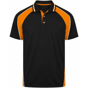 A black polo shirt with orange accents and a logo on the chest. Features a collar and three buttons.