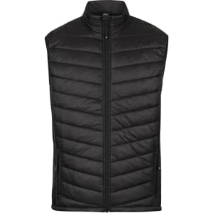 A black insulated work vest with a quilted design and zippered pockets. It features a high collar and a branding logo.