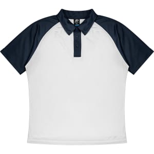 A navy and white polo shirt featuring a collared neckline and short raglan sleeves. It has a logo on the chest.