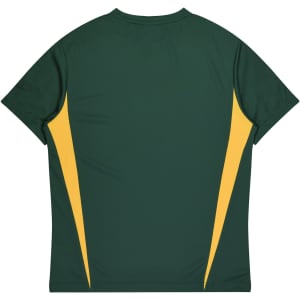 A green and yellow men's t-shirt featuring a back design with contrasting side panels. It includes a logo.