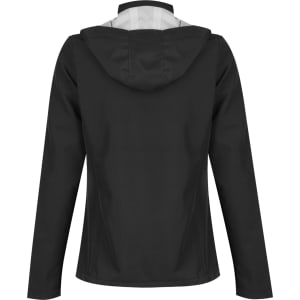 A black soft shell jacket with a hood, featuring a simple design and no visible branding.