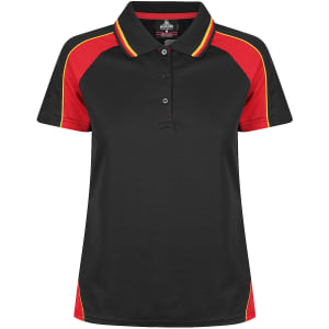 A black polo shirt featuring red and yellow accents, with a logo on the chest area.