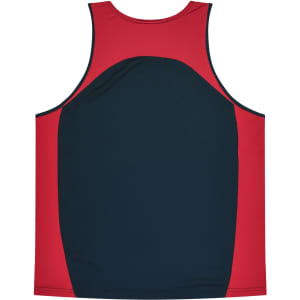 A red and navy singlet featuring a logo, designed for kids.