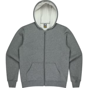 A grey kids' hoodie with a zip closure and a hood, featuring front pockets and a soft lining.