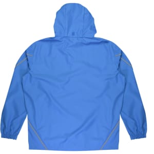 A blue jacket with a hood and elastic cuffs, featuring contrasting stitching and a logo.