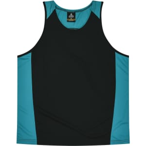 A black and teal singlet featuring contrasting side panels and a logo at the neckline.
