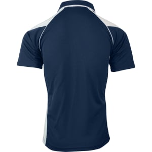 A navy blue polo shirt featuring light grey contrast paneling on the sides and a logo on the chest.