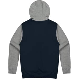 A navy and grey hoodie featuring a kangaroo pocket and a hood, with a simple design and a branding logo.