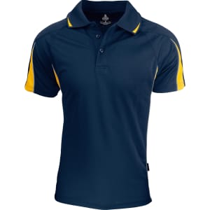 A navy blue polo shirt with yellow accents and a logo on the chest.