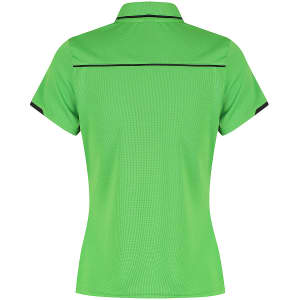 A green polo shirt with a fitted design and contrasting black detailing on the sleeves and collar.