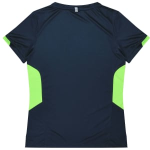 A navy blue women's t-shirt with bright green accents on the sides and a logo on the back.