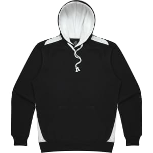 A black hoodie with white accents and a drawstring hood. Includes a front pocket and has a logo.
