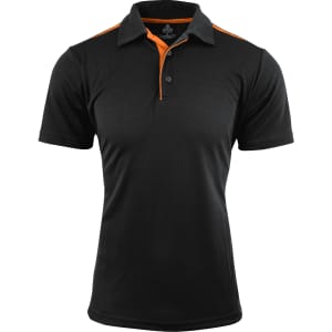 A black polo shirt with orange accents and a collar, featuring a buttoned placket and a logo.