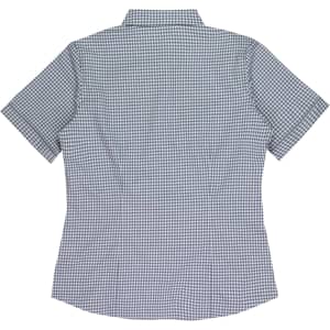 A short-sleeve, button-up shirt in a blue and white checkered pattern, featuring a standard collar and a fitted design.