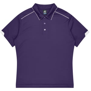 A purple polo shirt featuring a collar and white accents, designed as a sports uniform. It has a branding logo.