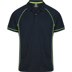 A navy polo shirt with contrasting neon yellow piping and a logo. Suitable for casual wear or sports.